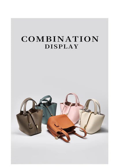 Genuine Leather Shoulder Bucket Bag Women Litchi Pattern Mini Basket Tote Soft Handbag Mommy Bride Wedding Bags with Lock