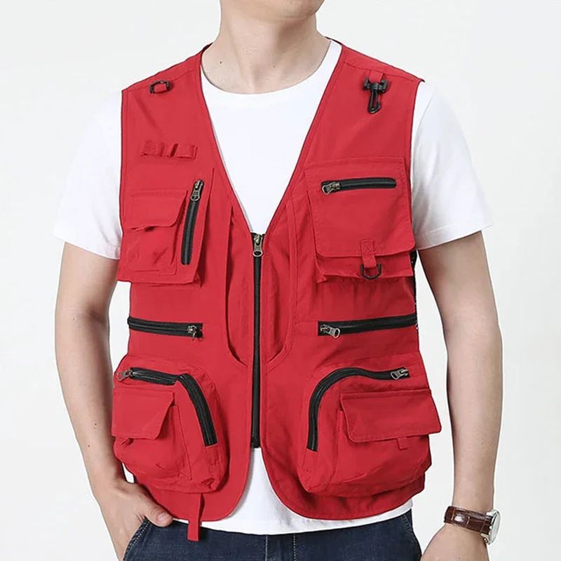 Colete Masculino de Malha com Vários Bolsos Secagem Rápida Sem Mangas Jaqueta Repórter Solto Casual Fino para Pesca Colete Masculino