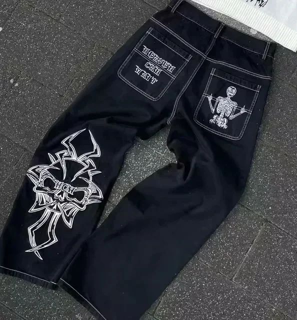NOVOJeans Estampado Cartum Gótico Retrô Ceifador Vintage Masculino e Feminino Calça de Cintura Baixa Perna Larga Hip Hop Roupa