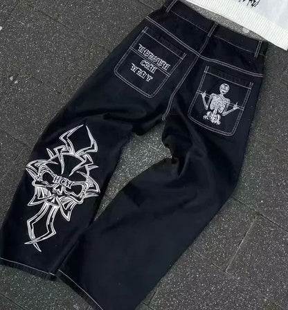 NOVOJeans Estampado Cartum Gótico Retrô Ceifador Vintage Masculino e Feminino Calça de Cintura Baixa Perna Larga Hip Hop Roupa
