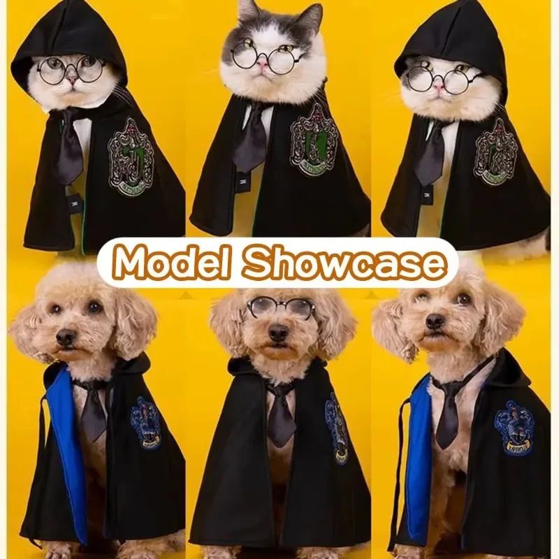 Capa de Halloween Cosplay Roupinha de Cachorro Fofa Manto Mágico Colegial Pequeno Óculos Gravata Acessórios para Pescoço Xale para Pet Roupinha de Outono