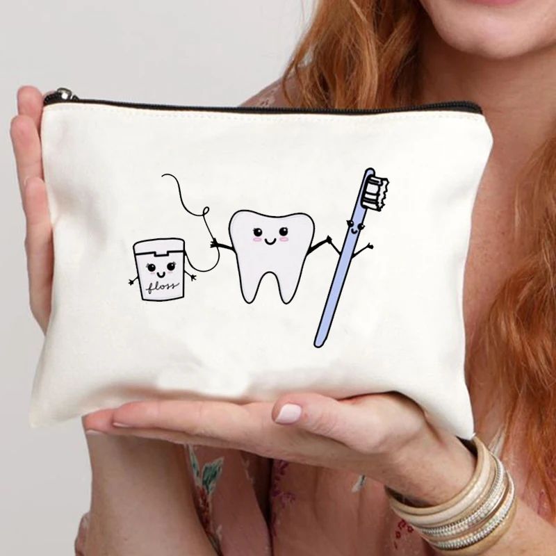 2024 Cute Teeth Cartoon White Zipper Makeup Bag Dental Clinic Storage Bag Women's Single Party Minimalist Decorative Handbag
