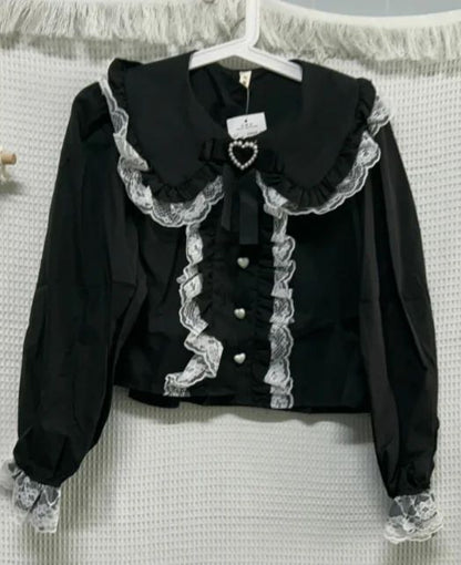 Sweet Lace Patchwork Long Sleeve Crop Top Blouse Women Japanese Y2k Harajuku Camisas JK Bow Ruffle Shirt 2025 Kawaii Blusa Femme