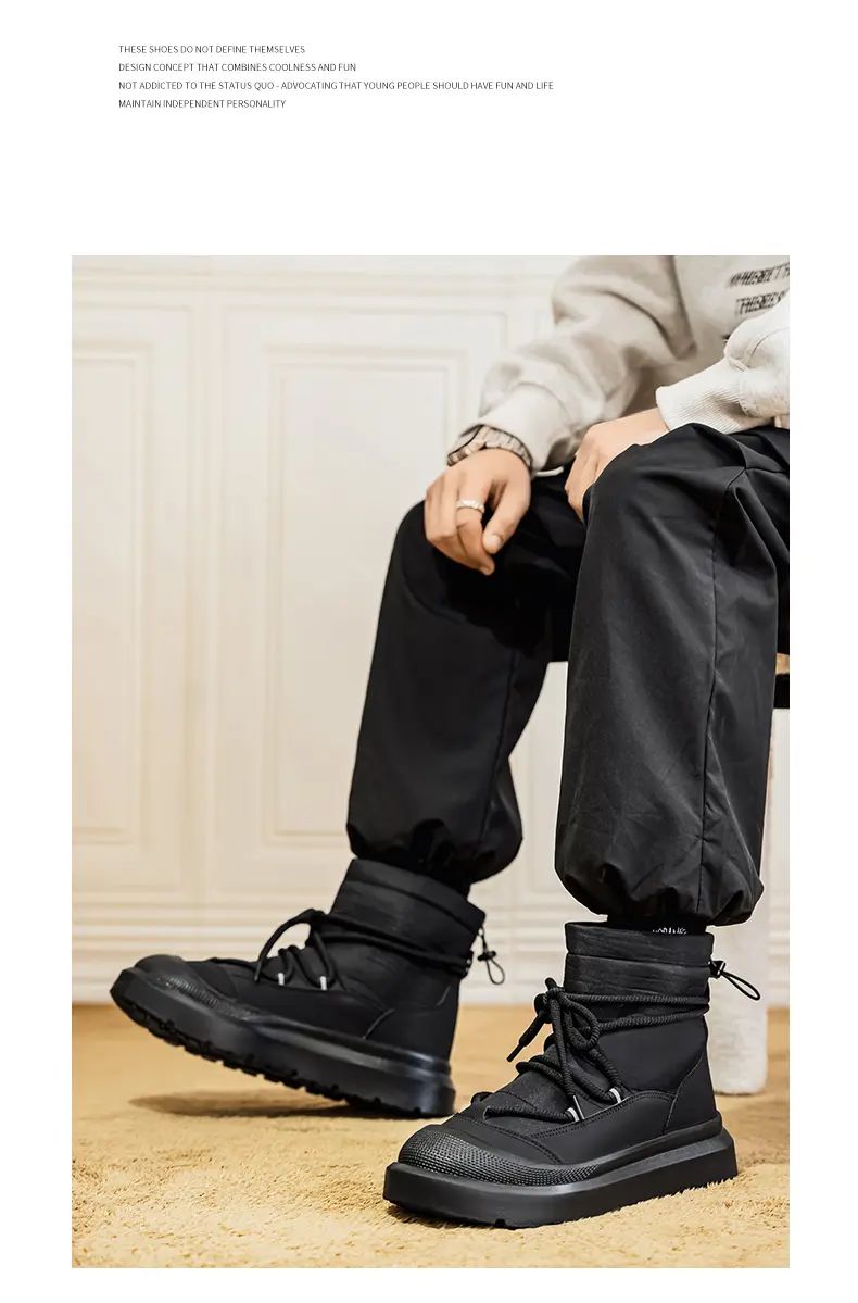 Work Style Snow Boots for Men Women Plus Fleeces Warm Winter Boots High Top Thick Soled Lace Up Black Plush Couple Cotton Shoes