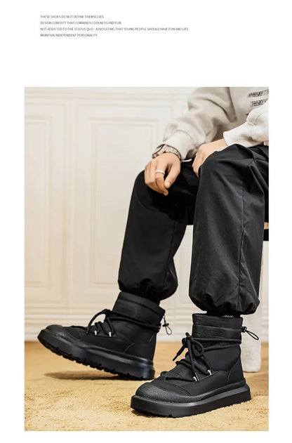 Work Style Snow Boots for Men Women Plus Fleeces Warm Winter Boots High Top Thick Soled Lace Up Black Plush Couple Cotton Shoes