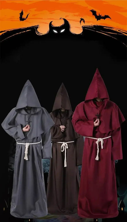 Retro Priest Robe Halloween Cosplay Costume Wizard Fancy Punk Cloak Mask Medieval Monk Robe Hooded Monk Cowl