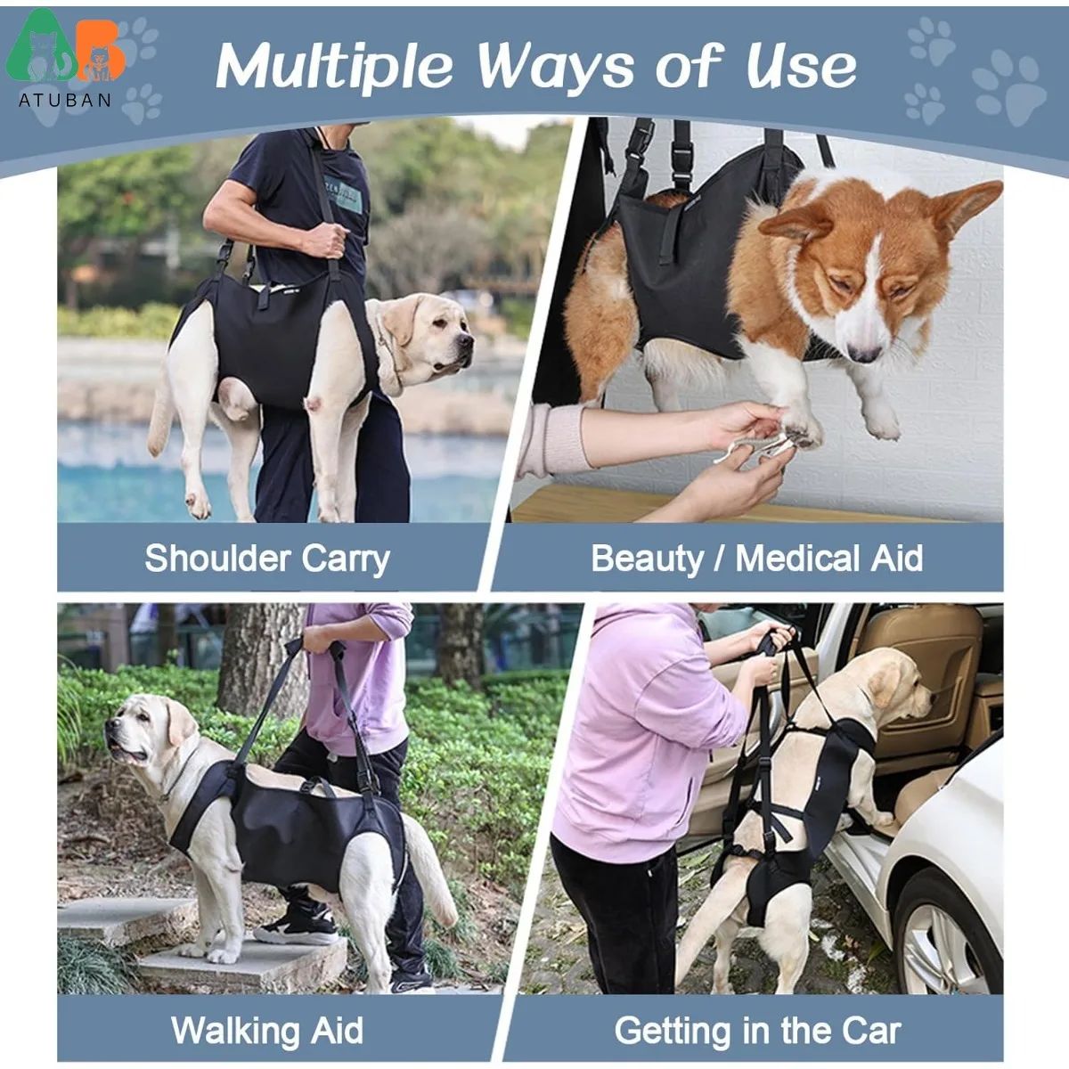 Colete de Apoio para Cães com Suporte Total Ajustável, Alças Respiráveis para Mobilidade Assistida, Reabilitação de Patas e Quadril de Cães