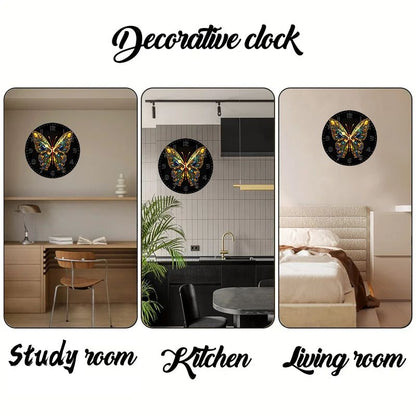 Shiny Butterfly Wooden Round Silent Hanging Wall Clock, Suitable For Living Room, Office, Study Room, Bedroom, Home Decoration