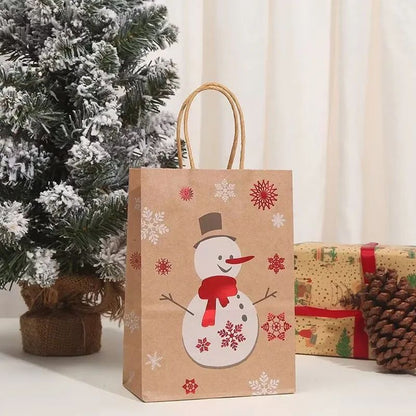 Christmas Kraft Gift Bags with Handles Snowman Santa Tree Designs Geometric Pattern Paper Tote Bags Party Xmas Decoration