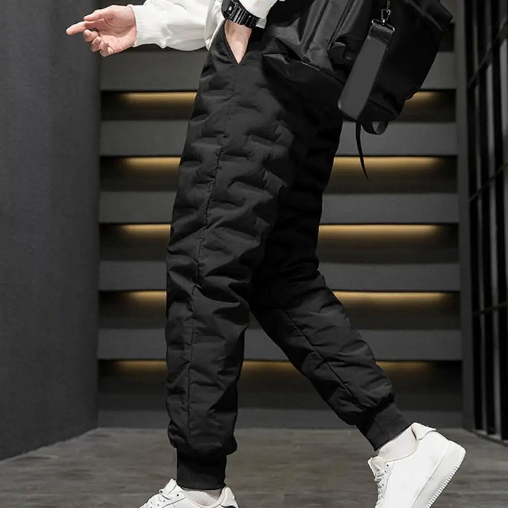 Men Autumn Winter White Duck Down Padded Thermal Sweatpants Elastic Waist Drawstring Pockets Thickened Joggers Pants Streetwear