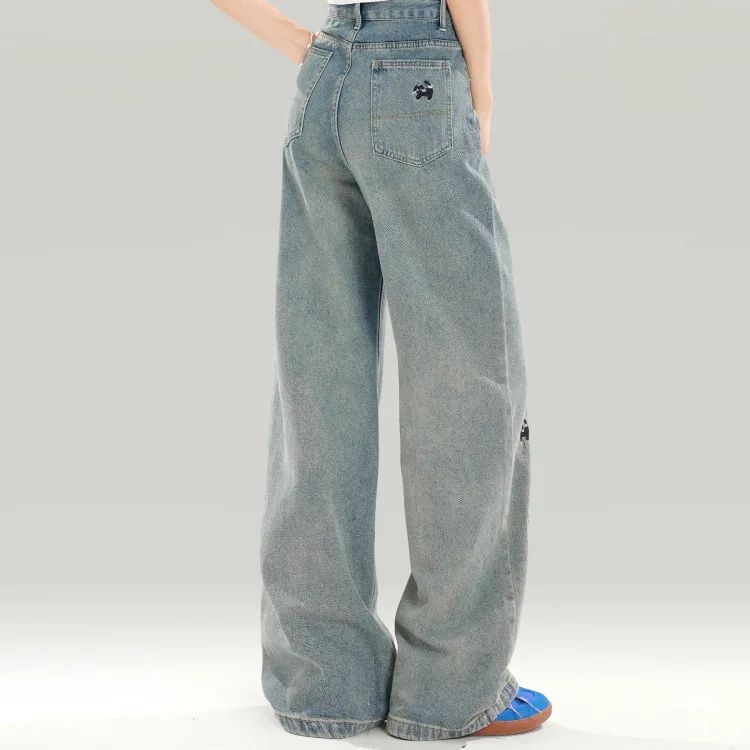 Plus Size Women's Black Dog Embroidery Loose Wide Leg Jeans High Waist Straight Cut Slimming Denim Pants Spring Autumn