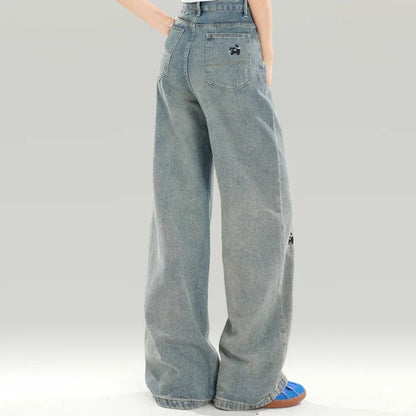 Plus Size Women's Black Dog Embroidery Loose Wide Leg Jeans High Waist Straight Cut Slimming Denim Pants Spring Autumn