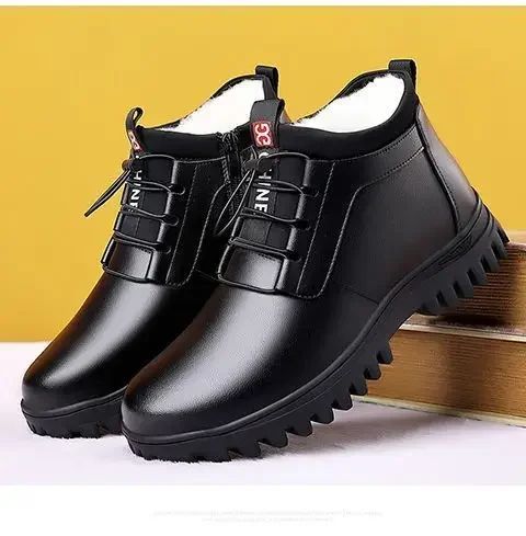 Men's Winter Leather Shoes New Fashion Plush Warm Comfortable Anti slip Business Cotton Shoes Outdoor Casual Snow Boots Vacation
