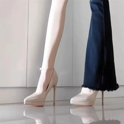 Sapatos femininos com salto agulha super alto de 11cm, corrente de pérolas, tira no tornozelo, bico fino, tamanho grande, sapatos de escritório de couro