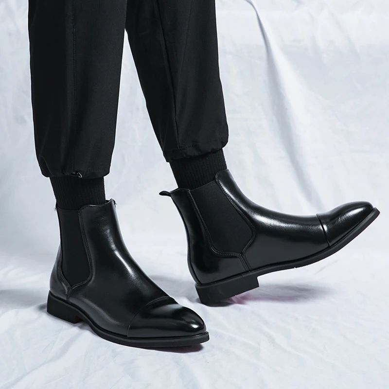Botas masculinas Chelsea com sola vermelha, tornozelo, bico redondo para negócios, estilo Aura, sapatos masculinos tamanho 38-46, botas masculinas