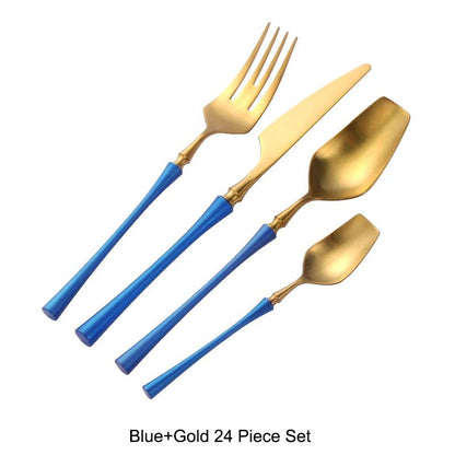 Conjunto de Talheres 24 Peças Aço Inox Fosco Preto Dourado Jogo de Talheres de Mesa Faca Colher Garfo Lavável em Lava-louças