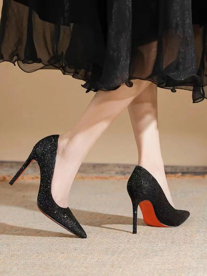 Fashion European Sexy Nightclub Slim High Heels Oversized Red Sole Women's Wedding Sequin Pointed Stiletto Heels Large Size 43