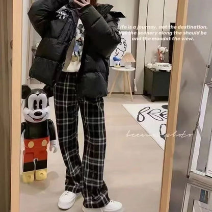 Lamb Velvet Fleece Lined Plaid Wide Leg Pants High Waist Straight Cut Winter New Casual Trousers for Women Korean Style