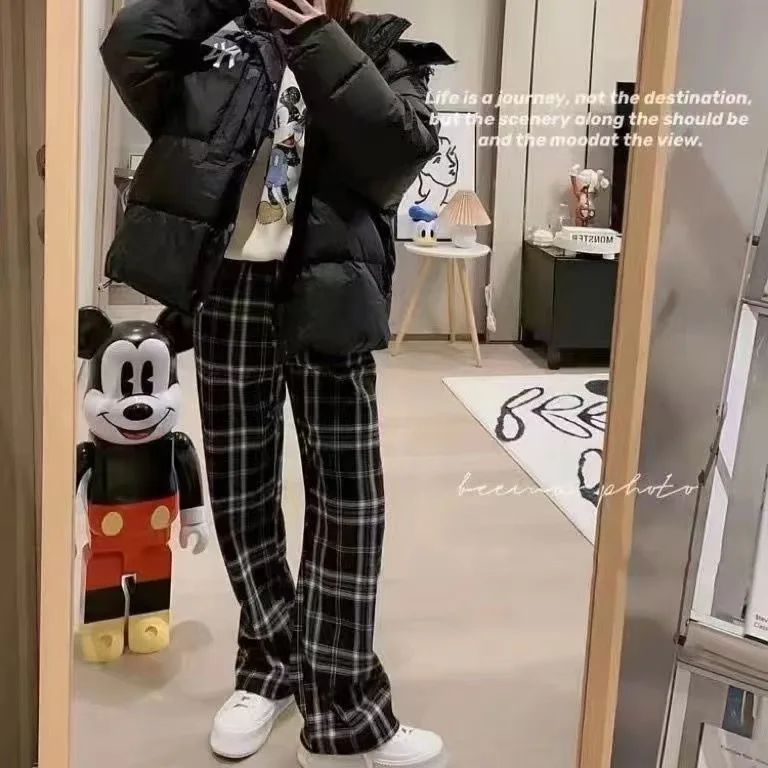 Lamb Velvet Fleece Lined Plaid Wide Leg Pants High Waist Straight Cut Winter New Casual Trousers for Women Korean Style