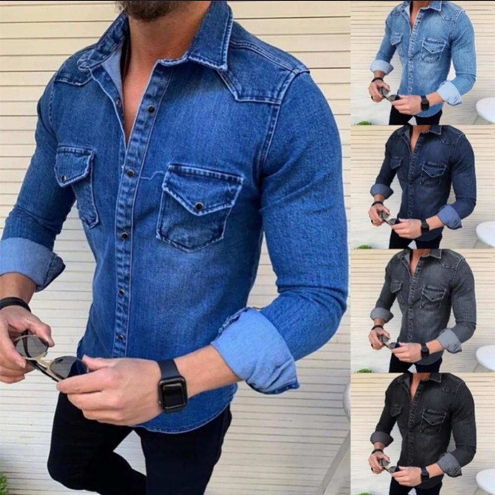 Spring Autumn Denim Shirts Men Top Long Sleeve Jeans Shirts for Men Single-breasted Casual Shirts chemise homme ??????? ???????