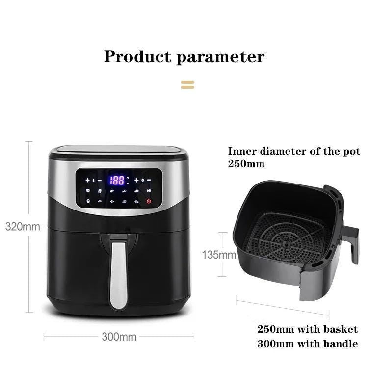 Atualizar Fritadeira Elétrica Doméstica de 1600W, 8L, com Painel Touch Screen, Capacidade para Pizza, Fritadeira sem Óleo e sem Sal, Panela Elétrica Touch Screen