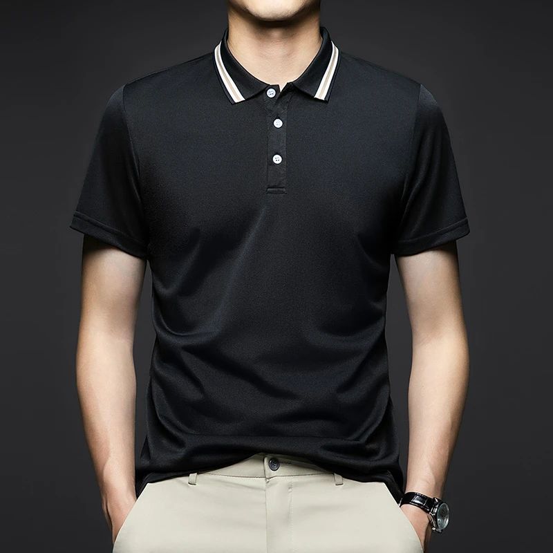 Men's Fashion Solid Short Sleeved Striped Lapel Polo Shirt Summer Breathable Comfortable Top
