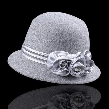 Autumn Winter NEW Wool Formal Hat Women’s  Hat Church Hat Fisherman Hat Rose Blossoms Pearl Elegant Fashion Versatile