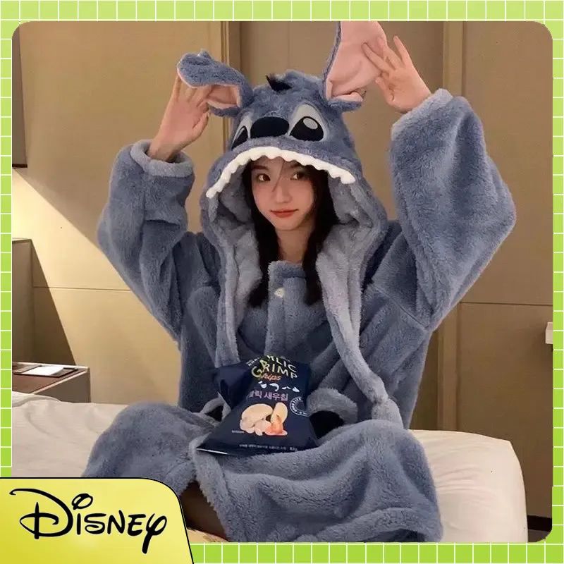 Disney Stitch Winter Pajamas Cartoon Autumn And Winter Cute Coral Thickened Velvet Long Home Clothes Pajamas Girls Home Clothes