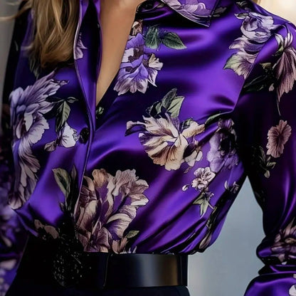 Elegant Intellectual Women's Satin Floral Print Shirt | Soft & Smooth V-Neck Long-Sleeve Button Formal Top for Spring