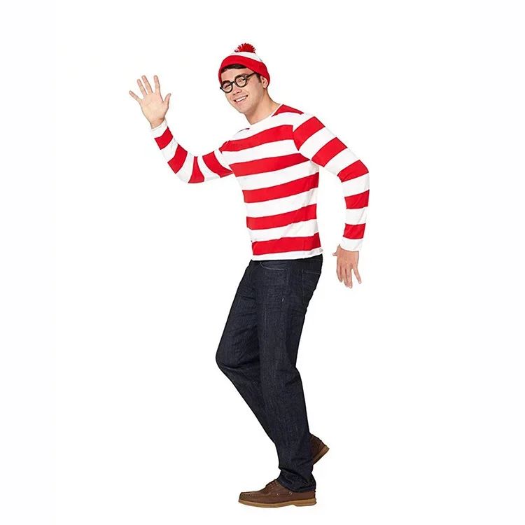 Wheres Waldo Striped Shirt Youth Boys Wally Costume Shirt Glasses and Hat Socks Unisex Adults Carnival Cosplay Costume