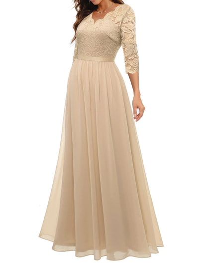 New 6-Color 5-Size Lace Splicing Long Waist-Cinching Elegant Dress Floor-Length V-Neck Polyester Fiber Evening Gown Dress