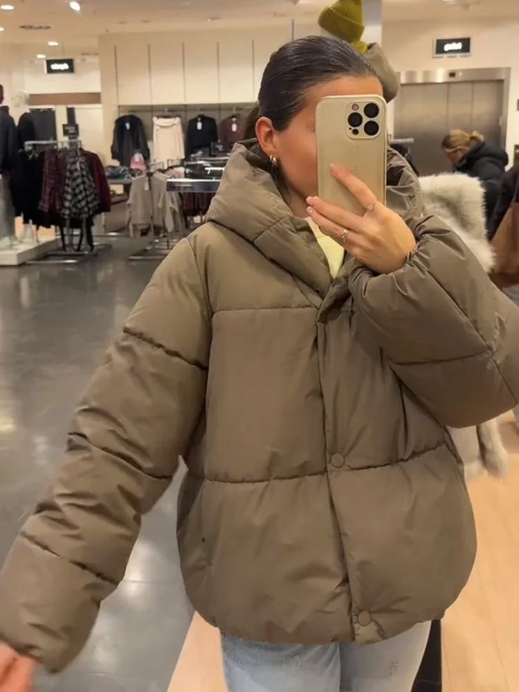 Women's Hooded Cotton Jacket Casual Winter Coat Comfortable Pocket Zipper Button Warm Lady Coats Daily Street Outerwear 2025