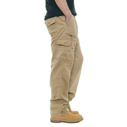 Calça Cargo Masculina de Moda Casual Esportiva com Muitos Bolsos Calça Masculina Solta Reta Elástica Calça Utilitária Versátil e Confortável