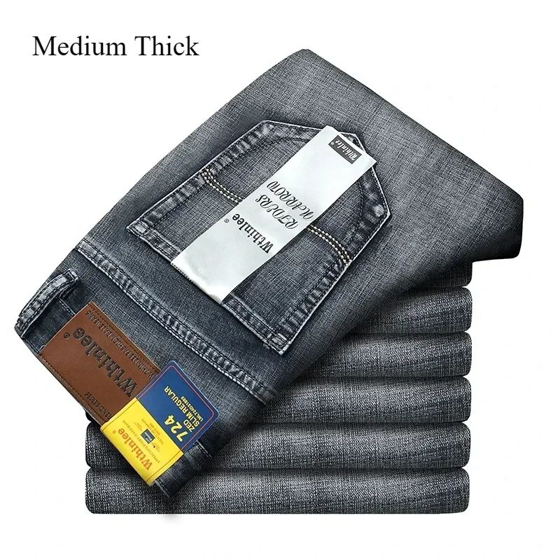 Calça Jeans Masculina Slim Fit 2024 de Material Fino ou Grosso Luxo Estilo Clássico Negócios Jeans Elástico Calças Masculinas Roupas
