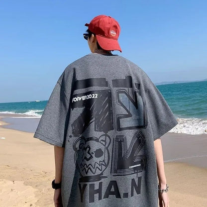 M-8xL Spring Men's T-shirt Short Sleeve Cartoon Graffiti Print Male Female Alphabet