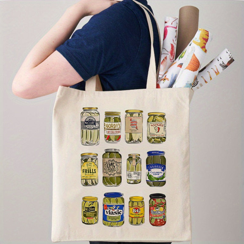 1pcs Pickle Pattern Tote Bag Trendy Casual Shoulder Bag Vintage Canned Pickles Tote Bag Funny Canvas Shoulder Bags
