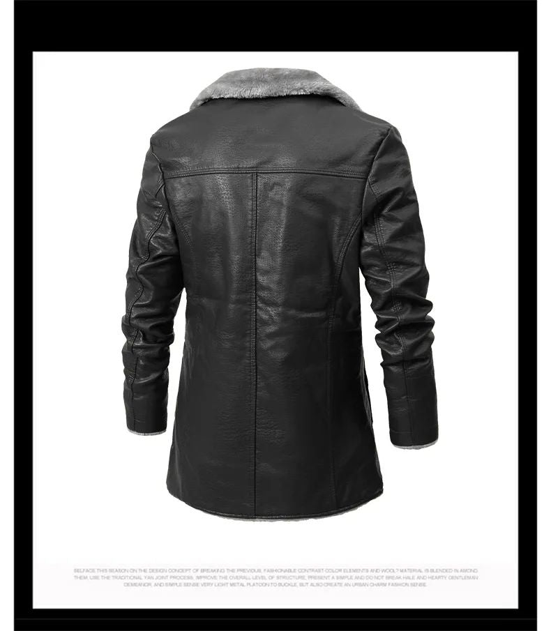 Men's Winter Faux Leather Casual Windbreak High Quality Coat Fur Lined Button Trench Coats Men's Down Lapel Collar Jackets