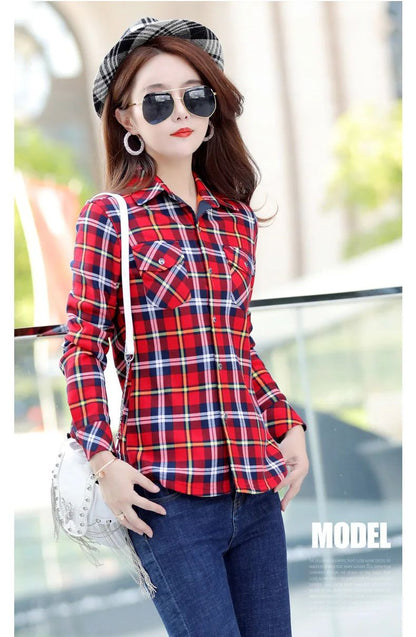 Women's Fleece Lined Long Sleeve Shirt Mid Length Thick Winter Warm Korean Style Elastic plus Size Plaid Patterned Button up