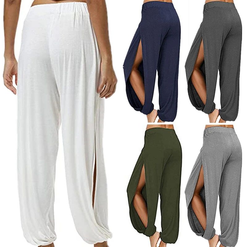 Summer High Slit Haren Pants for Women Sports Yoga Pants Solid Loose Hippie Harem Wide Leg Pants Trousers