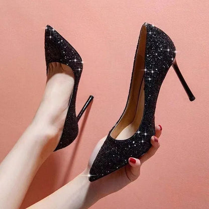 Fashion European Sexy Nightclub Slim High Heels Oversized Red Sole Women's Wedding Sequin Pointed Stiletto Heels Large Size 43