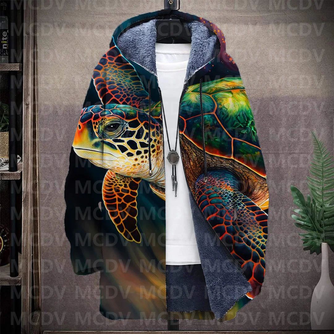 Men's Retro Print Plush Thick Long-Sleeved Coat Cardigan Sea Turtle 3D Prined Fleece Hooded Overcoat Unisex Thick Warm Jacket