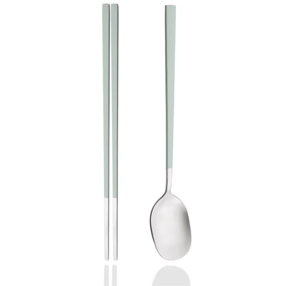2Pcs Sushi Chopsticks Spoon Flatware Set Korean Colorful Silver Matte Tableware Stainless Steel Cutlery Set Spoon Dinnerware Set