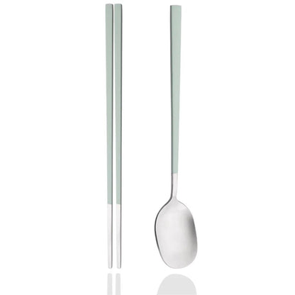 2Pcs Sushi Chopsticks Spoon Flatware Set Korean Colorful Silver Matte Tableware Stainless Steel Cutlery Set Spoon Dinnerware Set