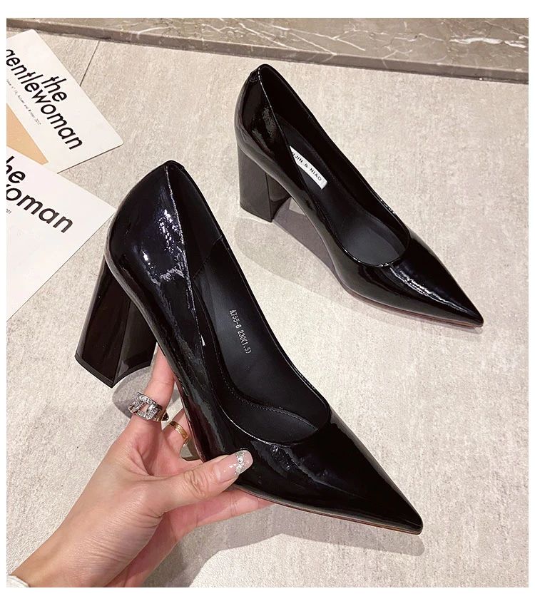 Women Shoes Patent Leather Slip-On Chunky Heels High Heels Women Temperament Pointed Toe Shallow Sexy Wedding Shoes Pumps
