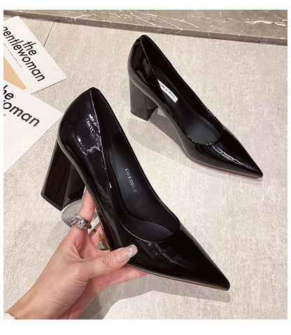 Women Shoes Patent Leather Slip-On Chunky Heels High Heels Women Temperament Pointed Toe Shallow Sexy Wedding Shoes Pumps