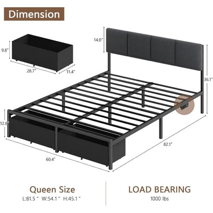 Queen Bed Frame with Headboard And Storage Drawer Upholstered Platform Bed Frame Queen Size with Charging Feature