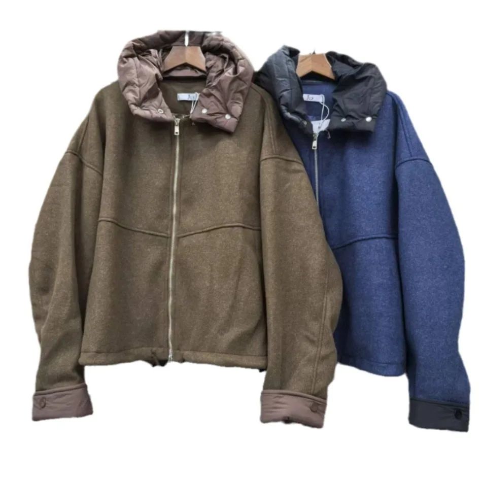 New Coats and Jackets Autumn Winter New Elegant Hooded Detachable Lace Up Short Woolen Coat Korean Fashion Casual Loose Jackets