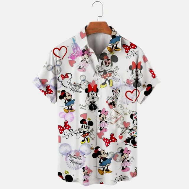 2023 Summer New Men's Casual Trend Fashion Cartoon Mickey Mouse Goofy Needle Harajuku Summer Top Men's Lapel Short Sleeve Shirt