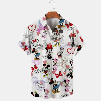 2023 Summer New Men's Casual Trend Fashion Cartoon Mickey Mouse Goofy Needle Harajuku Summer Top Men's Lapel Short Sleeve Shirt