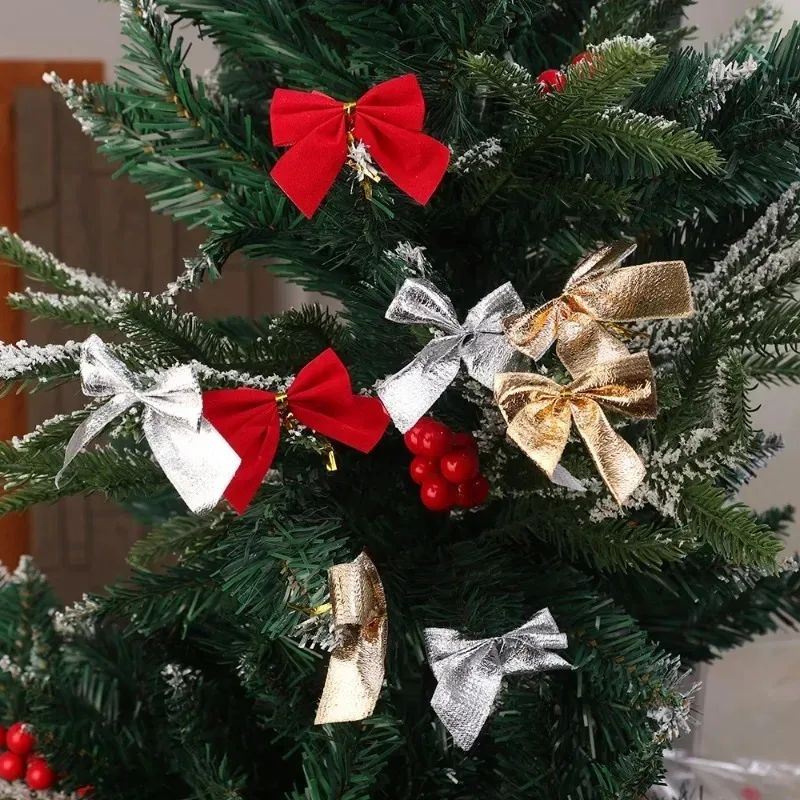 240/12PCS Mini Christmas Bow Ornaments Red Gold Xmas Tree Hanging Pendant DIY Craft New Year Home Party Decoration Bowknot Gifts